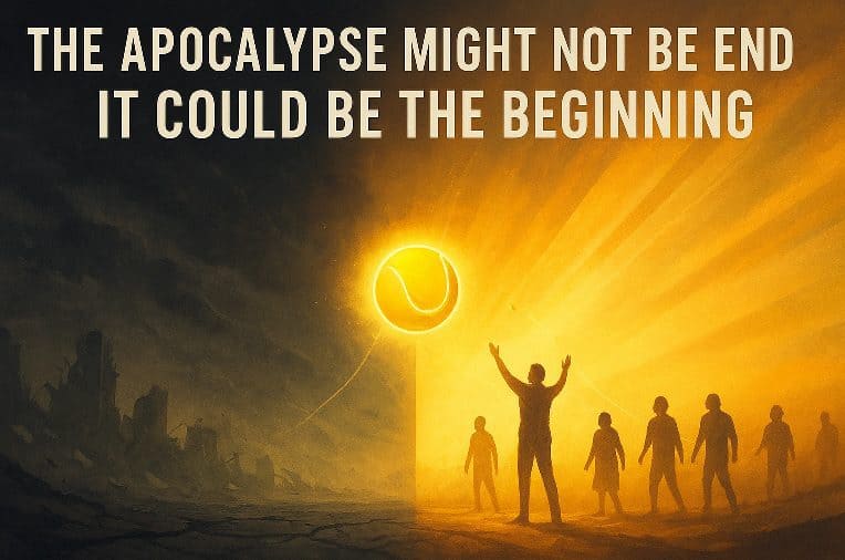 Digital artwork showing the world divided between chaos and renewal — one side dark and apocalyptic, the other green and hopeful, symbolizing the idea that the end might be a new beginning.