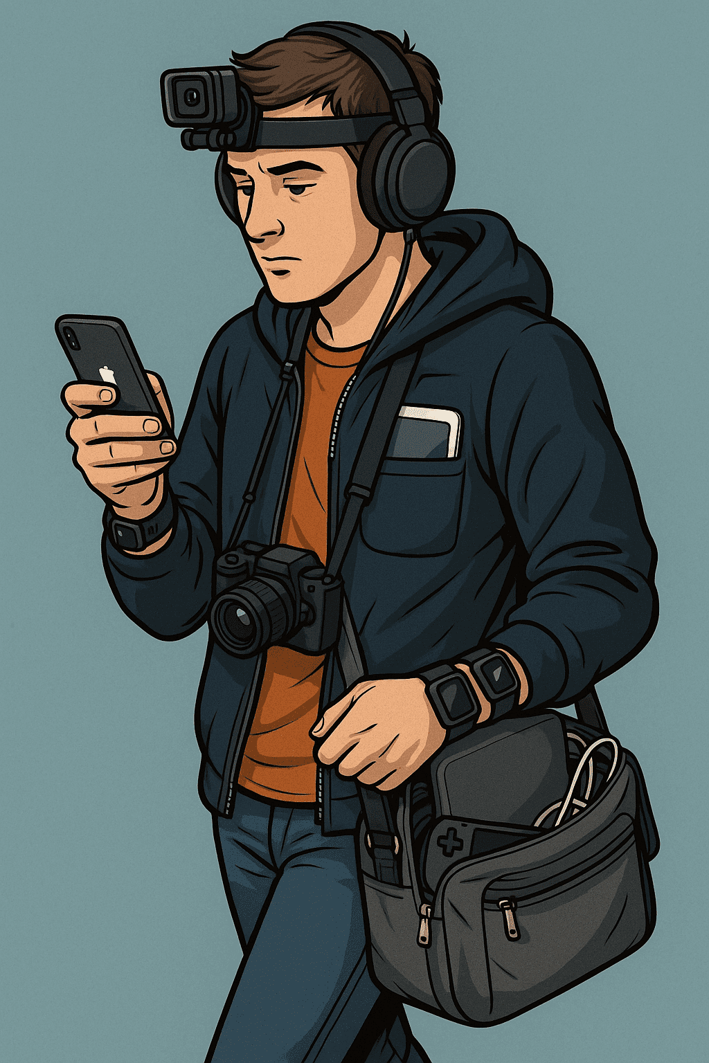 A modern man overloaded with tech gadgets, distracted by his smartphone, wearing headphones and smartwatches, with more devices peeking out of his bag and pockets — a visual metaphor for consumption disease.