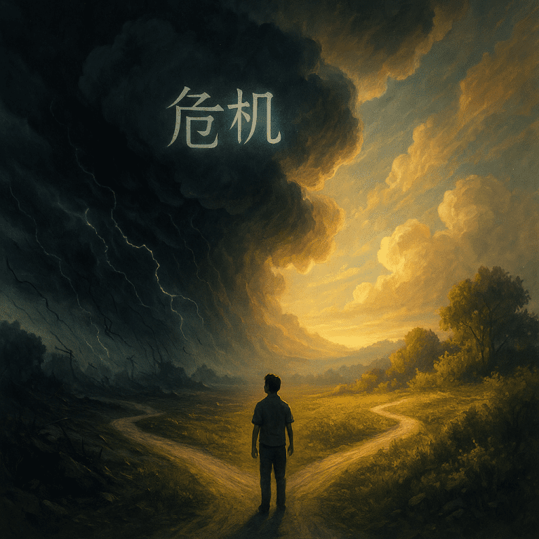 A surreal digital painting of a stormy sky parting to reveal a glowing path forward, symbolizing the idea that crisis can lead to opportunity.