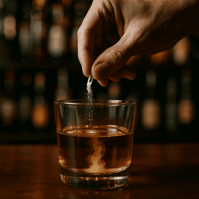 A hand discreetly pouring drugs into a glass of drink at a bar counter, symbolizing the danger of drink spiking.