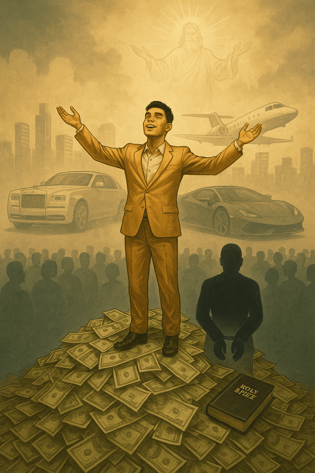A digitally illustrated young influencer in designer clothes sitting atop a glowing Rolls Royce, surrounded by admiring fans and flashing cameras, while a faint divine light watches from above—symbolizing the contrast between earthly fame and spiritual oversight
