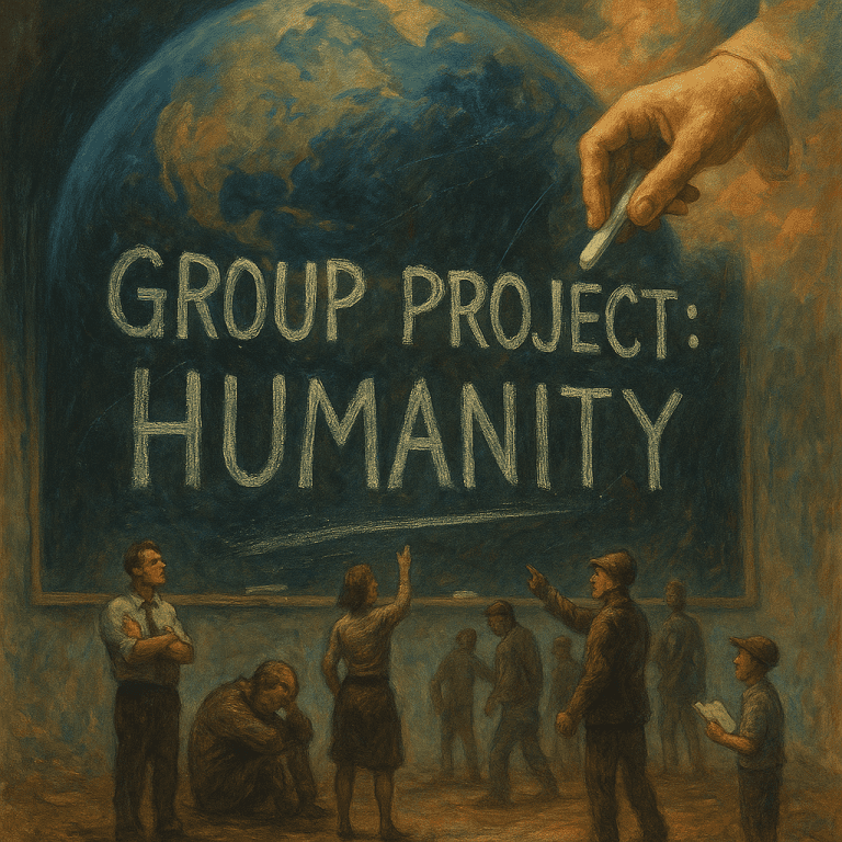 A traditional-style painting showing a world affected by COVID-19, with shadowy human figures, faded cityscapes, and a divine light breaking through stormy clouds