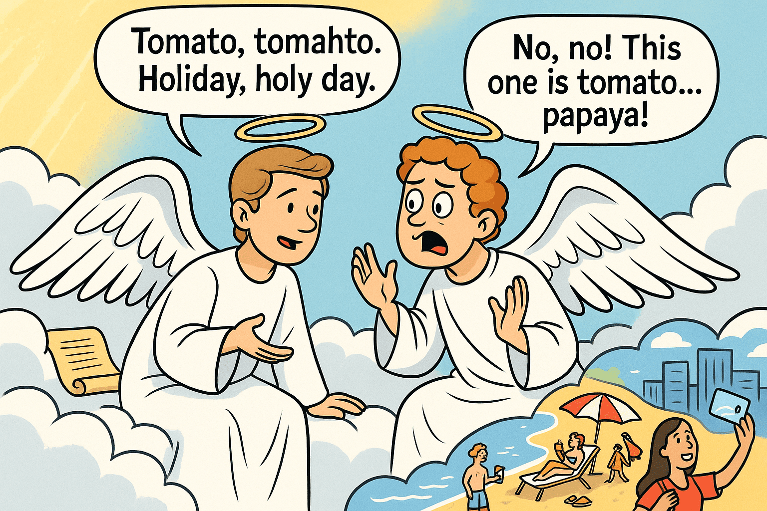 Cartoon of two angels in heaven confusing ‘holiday’ with ‘holy day’ while discussing words like tomato, papaya.”