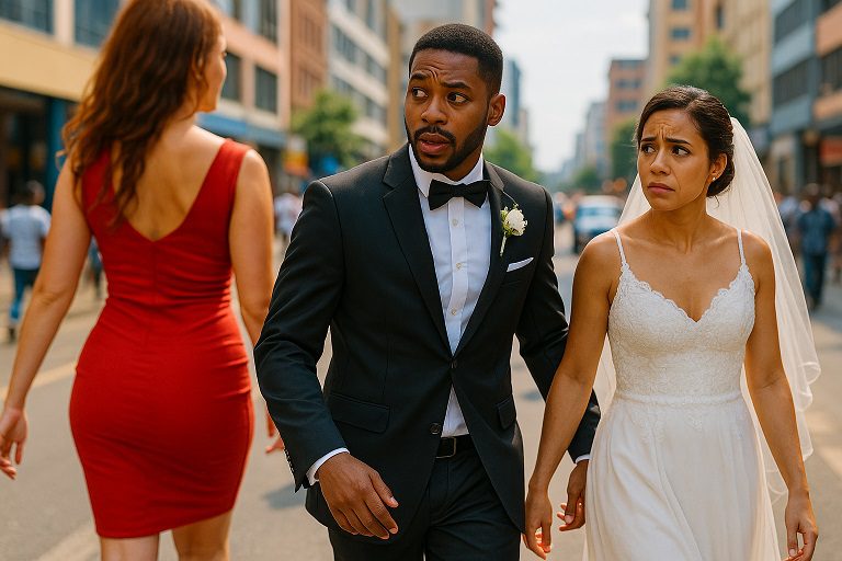 Married man noticing another woman, representing temptation and relationship choices in ethical non-monogamy (ENM)