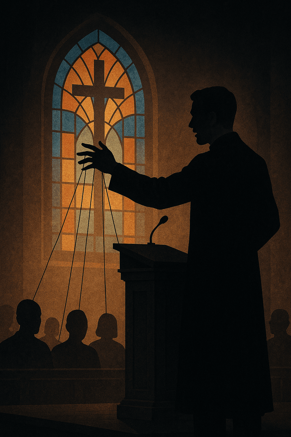 A preacher controlling a congregation with puppet strings inside a dimly lit church, with stained glass in the background