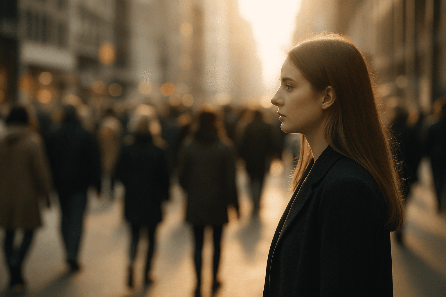 A calm woman stands focused amidst a blurred crowd in a busy city street, symbolizing inner peace in a chaotic world.