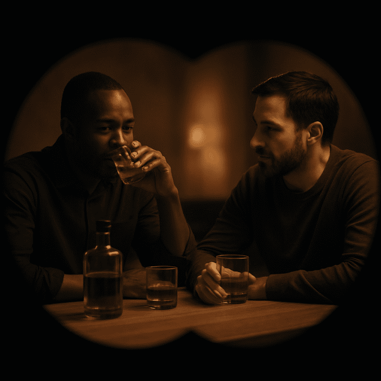 Two men sitting at a table drinking whisky, seen through the circular frame of binoculars, suggesting someone is secretly observing them.