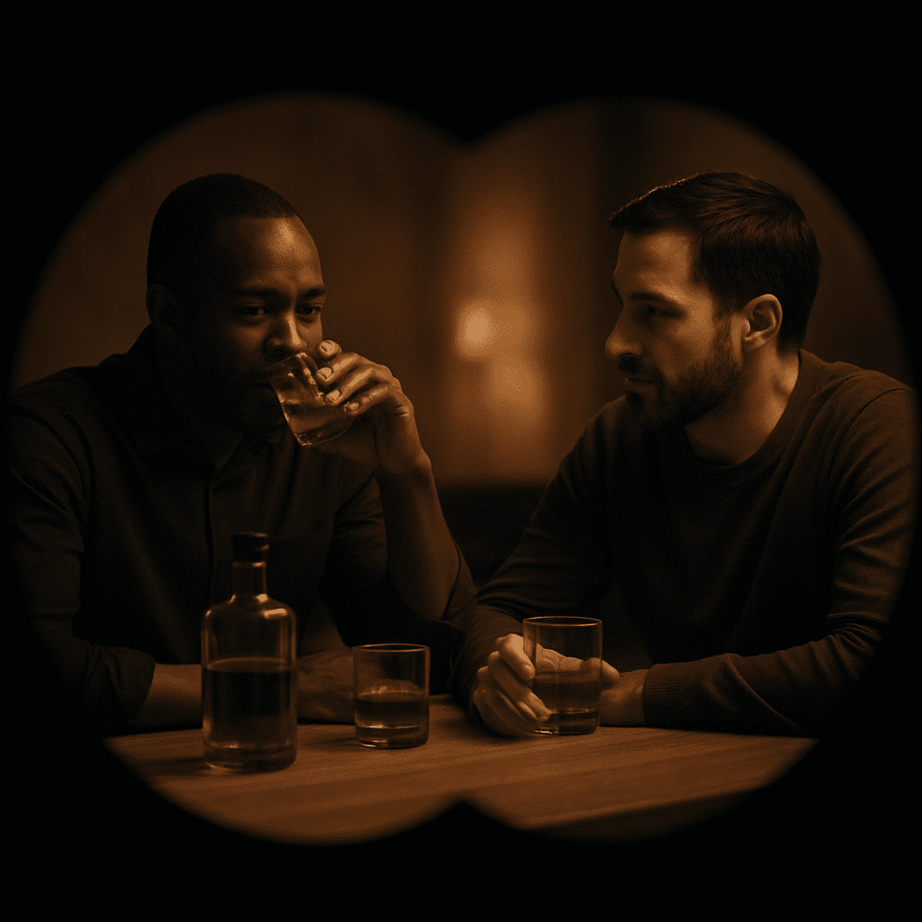 Two men sitting at a table drinking whisky, seen through the circular frame of binoculars, suggesting someone is secretly observing them.