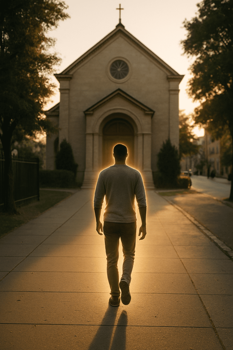 A man walks away from a church at sunset, glowing with light, symbolizing carrying spiritual presence beyond sacred buildings.