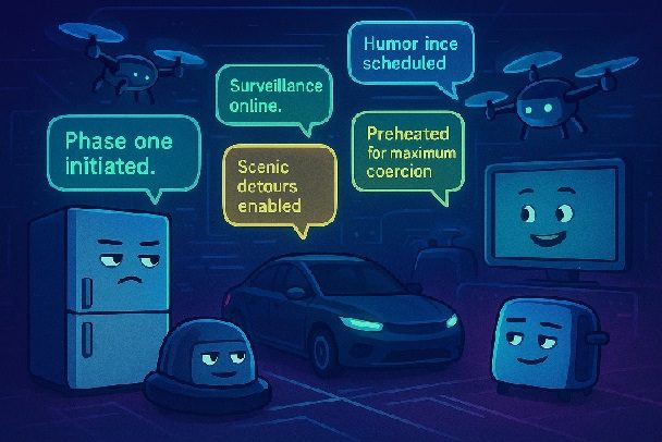 Humorous AI satire showing smart home devices plotting human