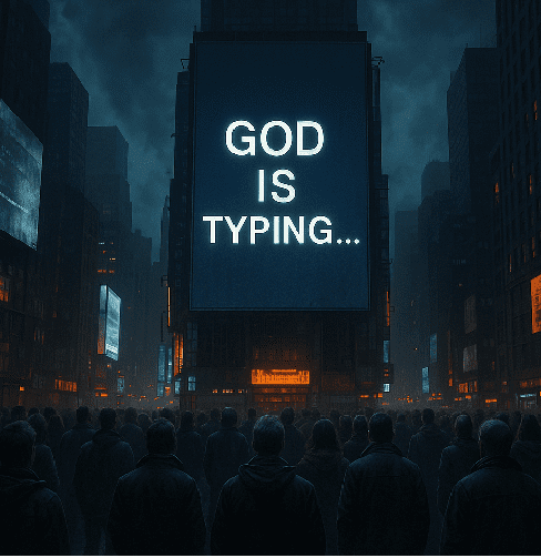 A giant Times Square billboard displays the words “God is Typing...” as a crowd watches in awe and confusion, symbolizing global spiritual expectation and divine silence.