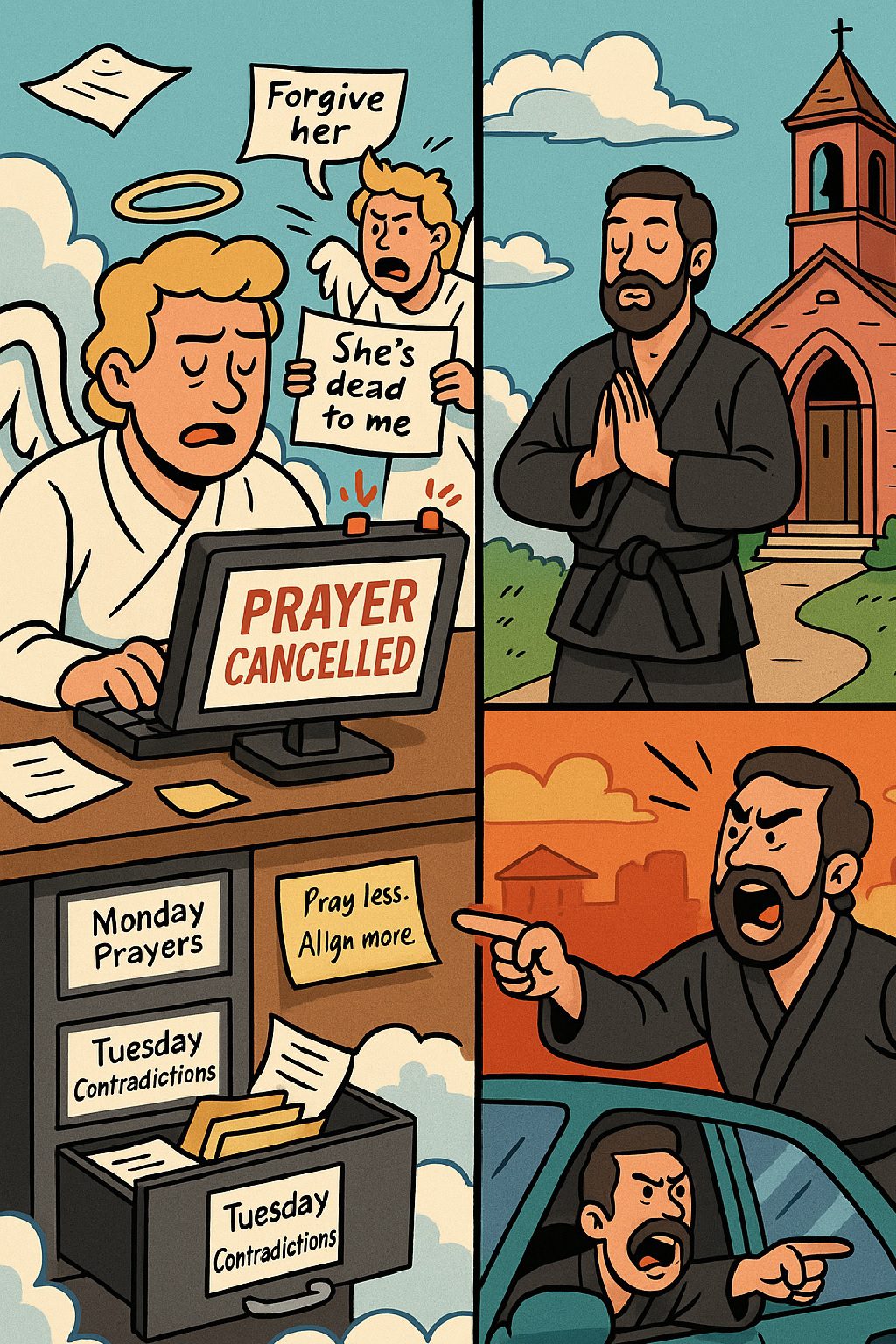 Colorful illustration of a person split between their spiritual self and wild weekday self, capturing the duality of modern belief.”