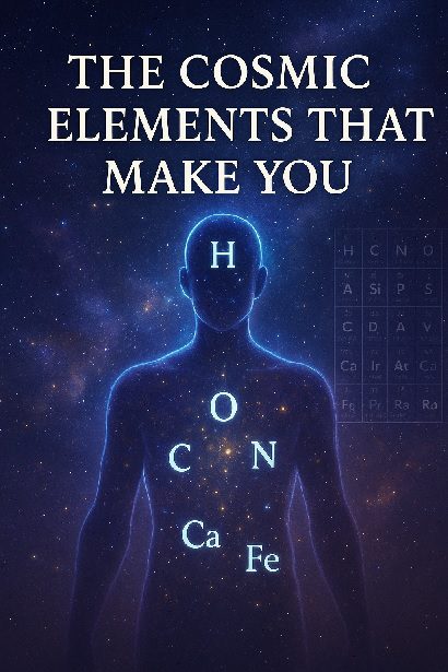 Digital illustration showing human silhouette filled with periodic table elements like oxygen, carbon, hydrogen, nitrogen, calcium, and phosphorus