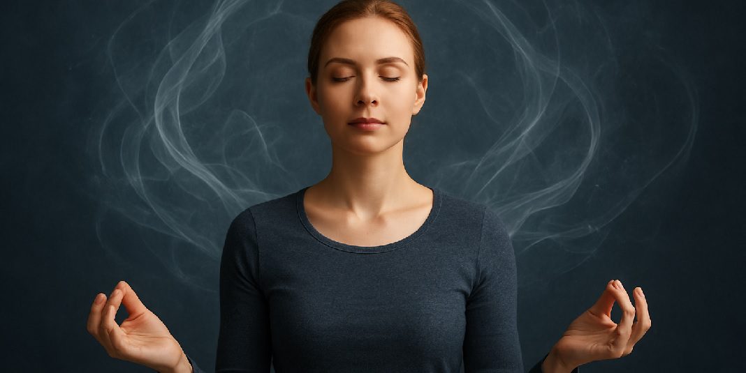 Person meditating calmly as swirling chaos fades away, symbolizing mind control and mental focus