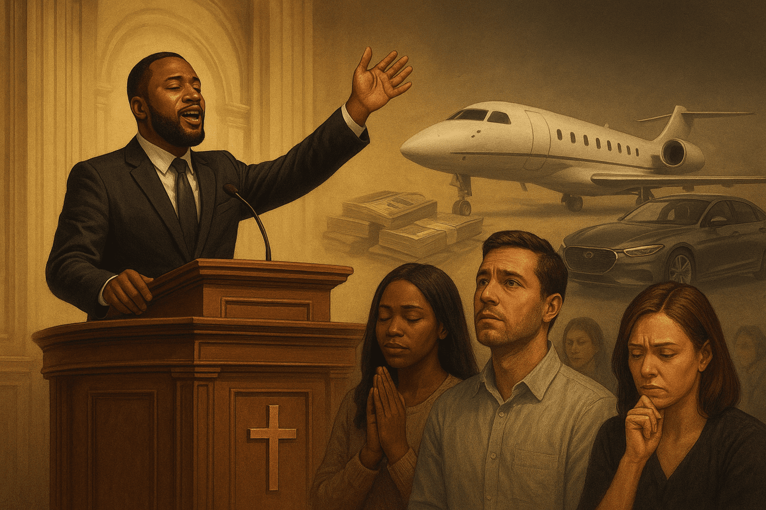 Preacher at pulpit with luxury jet, cash, and car symbolizing prosperity gospel and wealth obsession