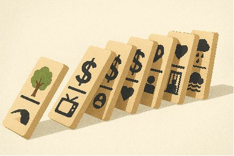 Illustration of a domino effect symbolizing how modern life choices create chain reactions, from cultural shifts to family breakdowns and social consequences.