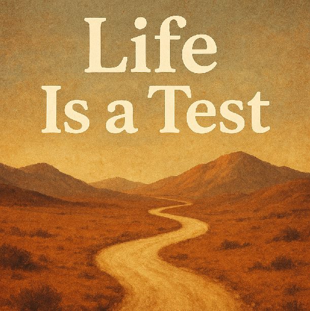 A winding path through a desert landscape with the text 'Life Is a Test', symbolizing life's challenges and spiritual journey."