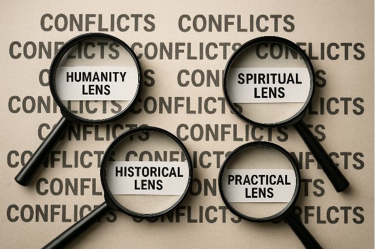 Magnifying glasses highlighting four conflict resolution lenses: Humanity Lens, Spiritual Lens, Historical Lens, and Practical Lens.