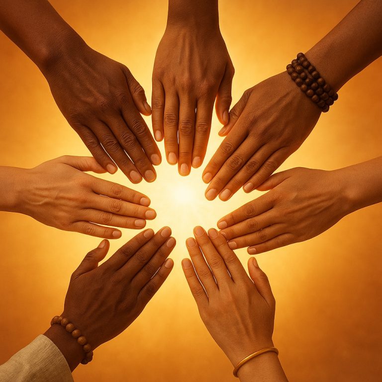 Eight diverse hands joined together in unity, symbolizing interfaith dialogue, respect, and humanity beyond religion.