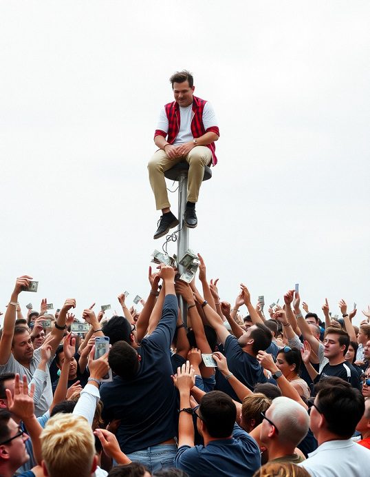 Illustration of the Pole of Society showing a person on a throne at the top while others climb and shove for money, attention, and fame.
