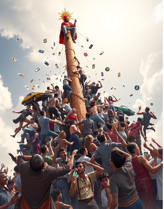 People scrambling up a chaotic pole of wealth and fame while a villager watches with a Coke bottle, symbolizing the pursuit of temporary success versus real fulfillment.