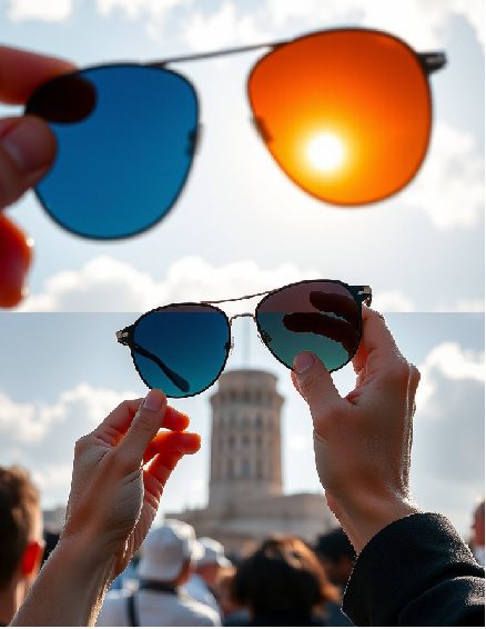 Hands holding sunglasses showing different color lenses with a blurred Tower of Babel in the background, symbolizing different perspectives and interpretations