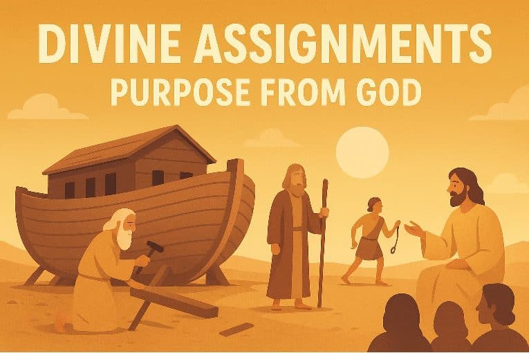 Illustration of Noah building the ark and people listening to a teacher, representing divine assignments and purpose from God.