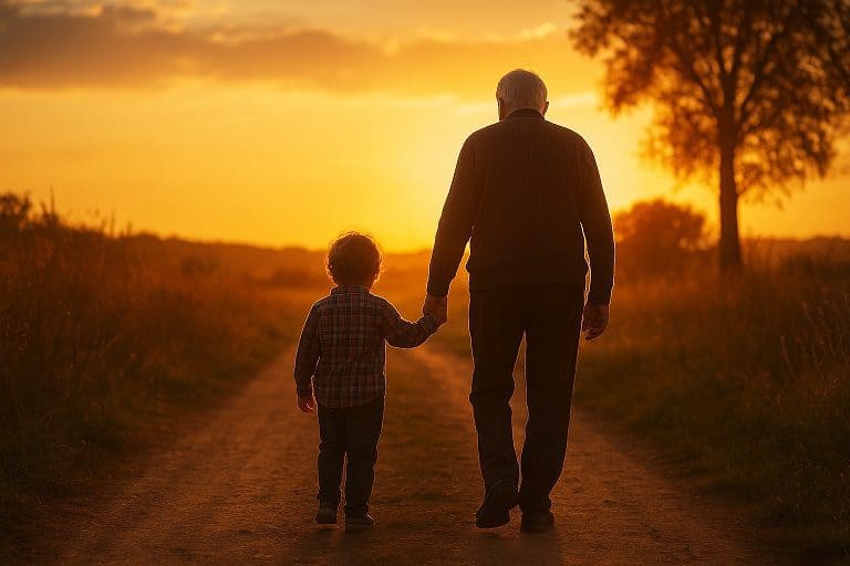 An elderly man sharing wisdom with a young child in nature, symbolizing the passing of knowledge and values between generations.