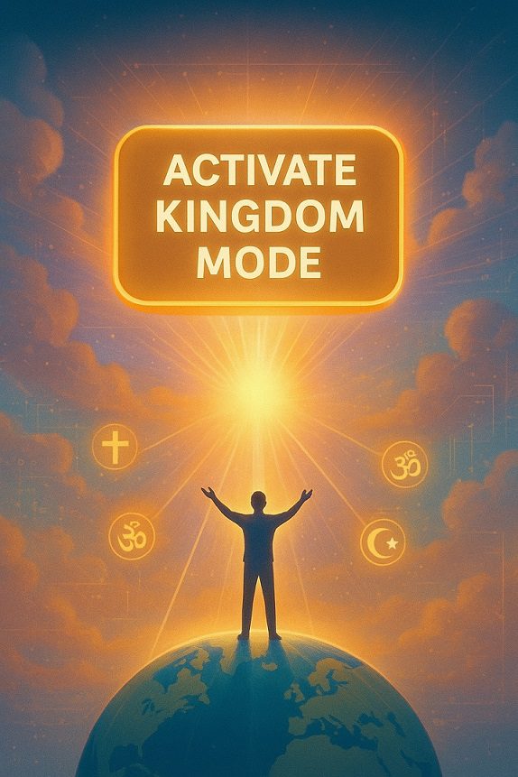 A symbolic digital artwork showing a human figure standing on a glowing Earth, surrounded by radiant light and religious symbols, with a button reading “Activate Kingdom Mode,” representing humanity’s collective awakening and divine unity.