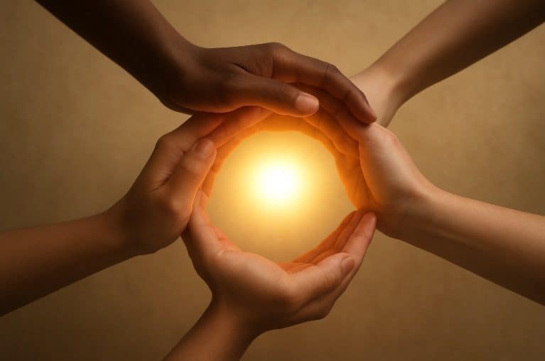 Four diverse hands reaching toward a radiant central light, symbolizing unity across world religions — Christianity, Islam, Buddhism, and Hinduism — representing the shared Kingdom principle of inner transformation and peace.