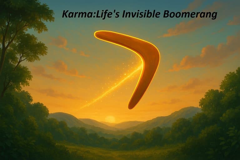 Life’s Invisible Boomerang – inspirational quote over a serene nature background symbolizing karma and life’s unseen cycles.”