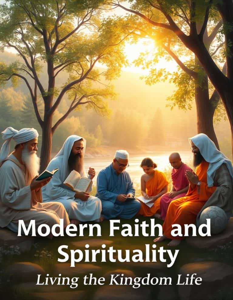 Diverse group of people practicing modern faith and spirituality together outdoors, reflecting kingdom life principles of love, peace, joy, and compassion.