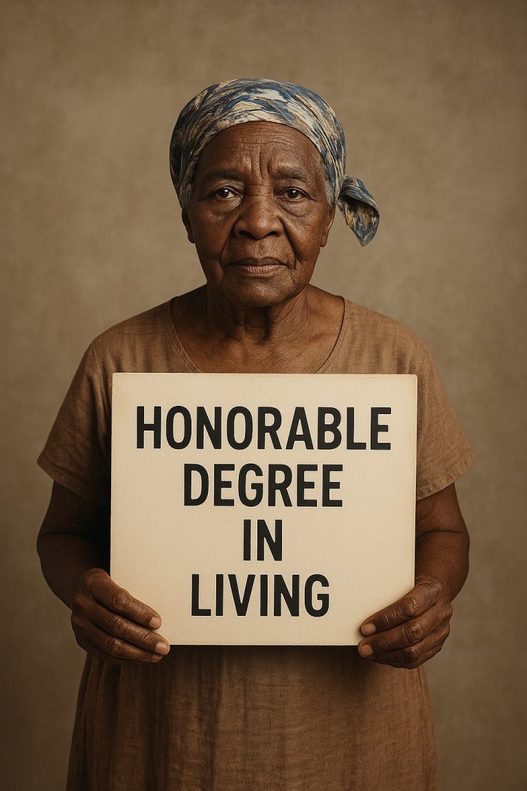Elderly woman holding a placard that reads "Honorable Degree in Living," symbolizing wisdom and life experience beyond formal education.