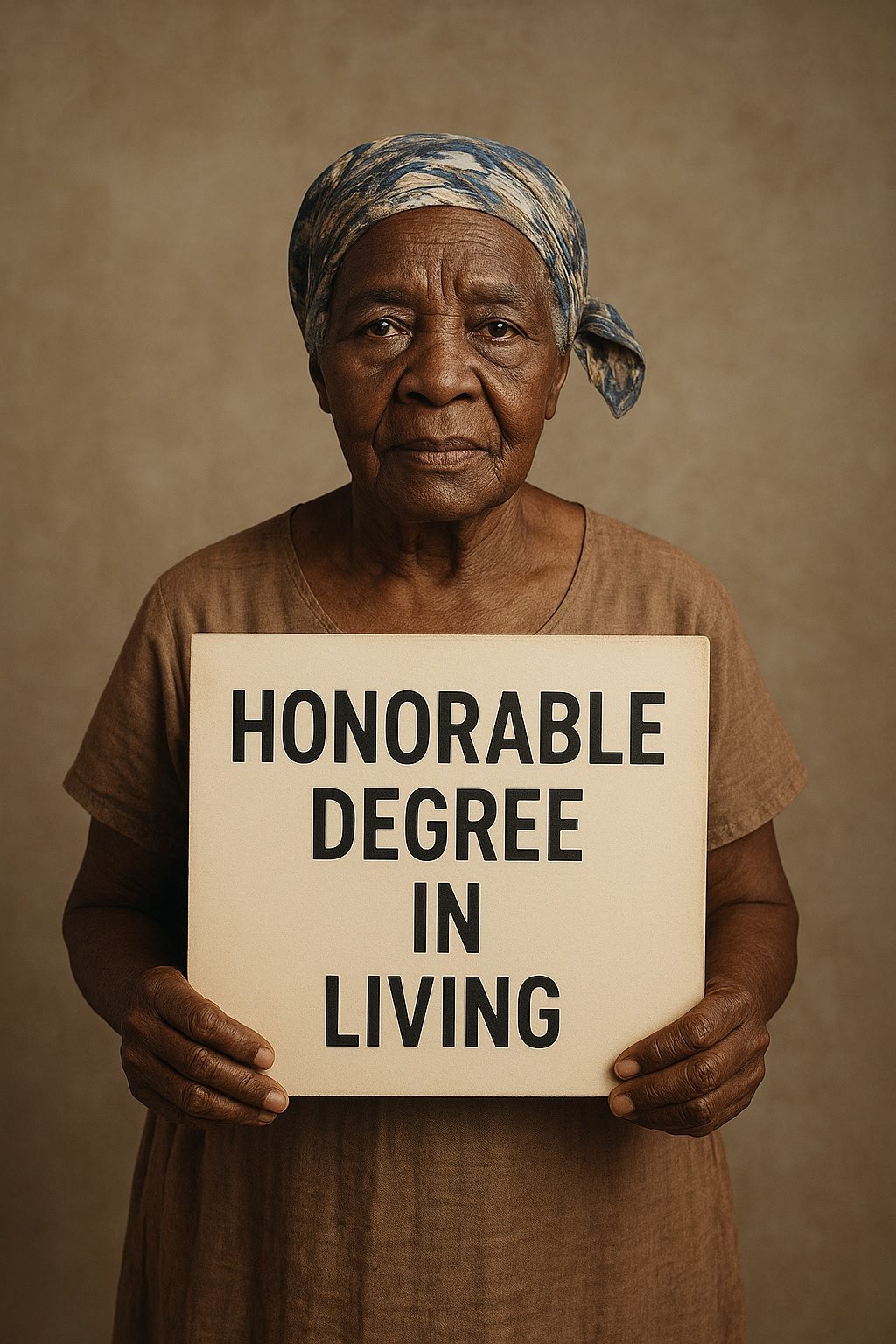Elderly woman holding a placard that reads "Honorable Degree in Living," symbolizing wisdom and life experience beyond formal education.