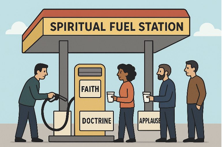 Cartoon illustration of a spiritual fuel station where people refill with faith, doctrine, and applause, symbolizing passive followers in religion