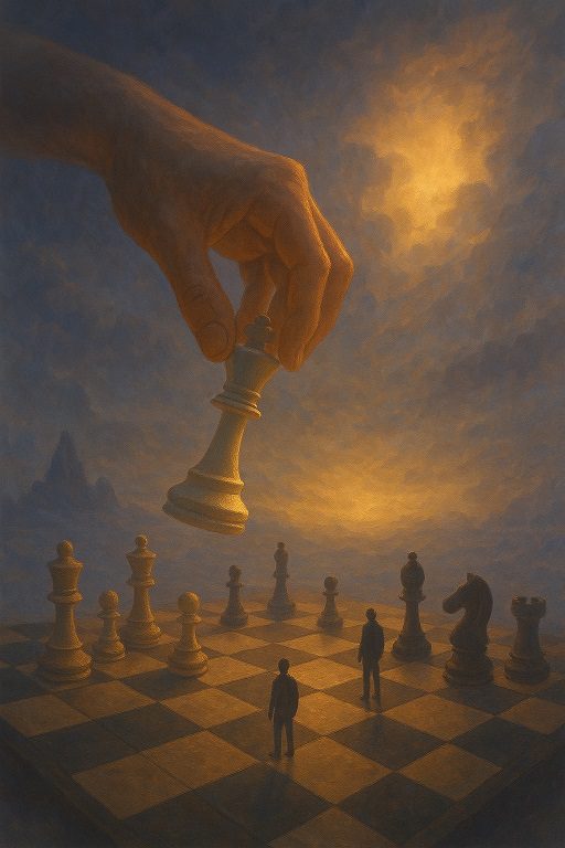 A divine hand moving a chess piece on a surreal chessboard in the sky, symbolizing God guiding human destiny and life decisions.
