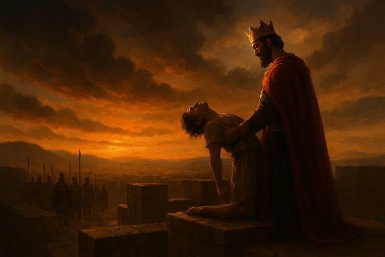 A dramatic painting of King Mesha of Moab sacrificing his son at sunset on a city wall, symbolizing false victory and the consequences of moral compromise.