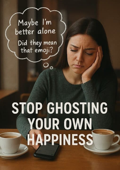 A person sitting at a café table alone, with two cups of coffee: one for them, one for a missed partner.